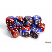 CHX 26629 Gemini Blue-Red/gold 16mm d6 Dice Block (12 dice)